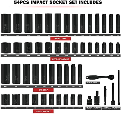 Conjunto de chaves de soquete de 1/4 de 1/4, conjunto de soquete de catraca de 54pcs, soquete de impacto