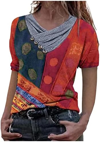 Summer Tops Button feminino Plateed V Bloups Color Block Blouse Top Top Manva curta Camisetas de verão