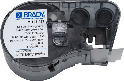 Fita de etiqueta de vinil auto -laminante brady - preto em fita branca, translúcida - compatível com fabricantes de etiquetas BMP41, BMP51 e BMP53 - 1,25 altura, 1 largura, preto em branco/semiclear