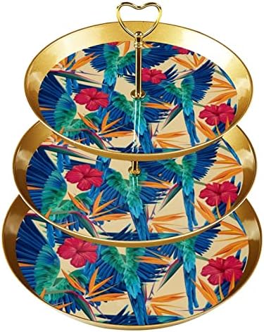 Posto de bolo de sobremesas, decoração de mesa para celebração de festa de casamento de casamento, pássaros tropicais coloridos Flores de folhas padrão