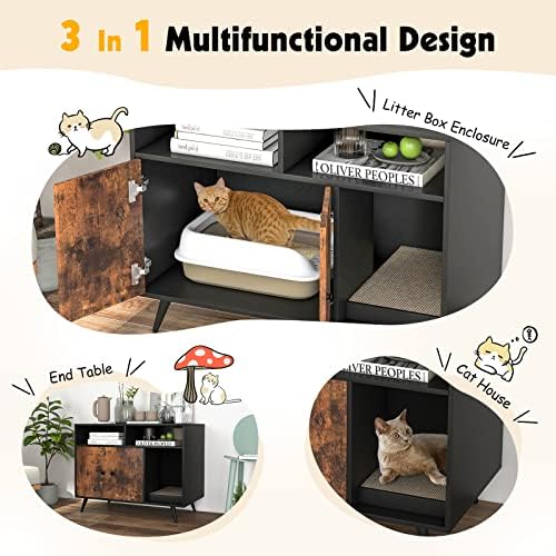Gabinete da caixa de areia de lixo PetSite, mobiliário de areia de gato de madeira escondido com prateleiras e arranhões, gatinho grande caixa de aranha de arma