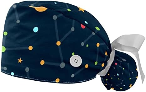 Planeta espacial Deyya Cap com Button & Sweatband, 2 pacotes de Cirurgia Cirúrgica Reutilizável Chapéus de Ponytail, Multi Color
