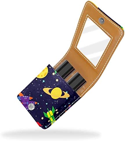 Space Rocket Planets Lipstick Case Batom Box Solder com espelho, bolsa de brilho labial portátil, kit