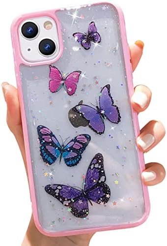 Wzjgzdly Butterfly Bling Clear Case Compatível com iPhone 13, capa de glitter para mulheres fofas capa de