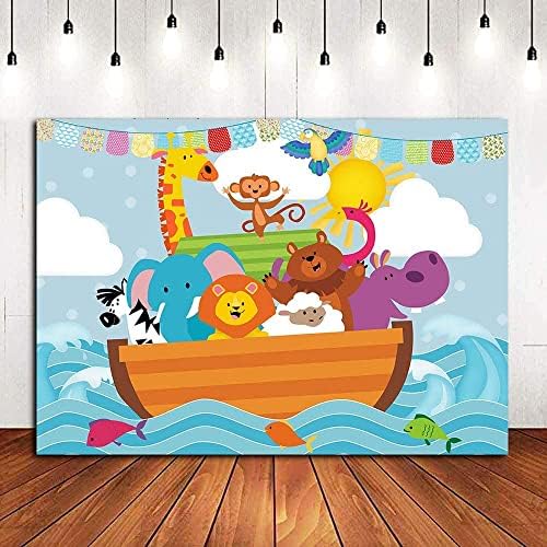 Cartoon Noah's Ark Sea Photography Cenários de Safari Wild Safari Photo Fundos Antecedentes Banner Baby Party Banner Supplies para crianças Tabel de bolo de aniversário Photo Booth Props Vinyl 5x3ft