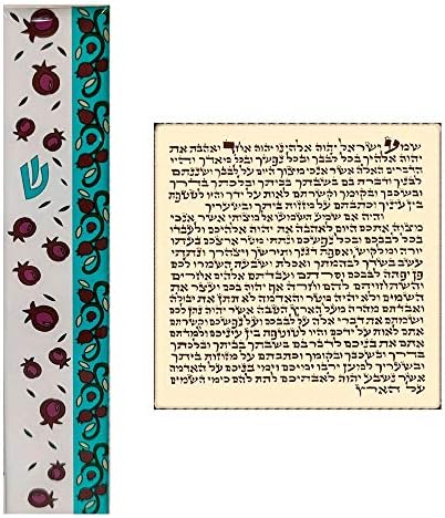 Talisman4u Judaico Mezuzah Caso com Roll Blue Floral Romegranates Design Israel Judaica Wood Door Mezuza 5 polegadas