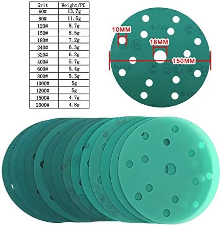 Lixa de polimento e lixamento 35 pedaços de 6 polegadas de 150 mm 15 orifícios de 15 a 2000 libras de gancho e roda de moagem de filme verde para polimento e moagem