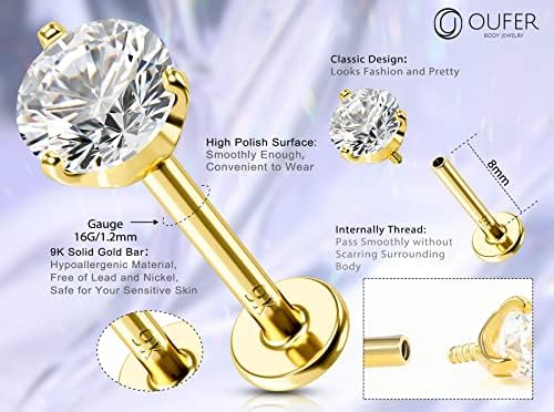 OUFER LIP RINGS ESTUDO, 16G 14K Gold maclol de ouro Internamente jóias de piercing Lip, Clear CZ Helix Tragus Conch lobo Labret Piercing Jóias