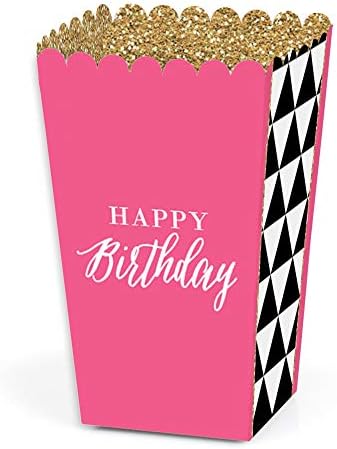 Big Dot of Happiness Chic feliz aniversário - rosa, preto e ouro - festa de aniversário favorita caixas de tratamento de pipoca - conjunto de 12