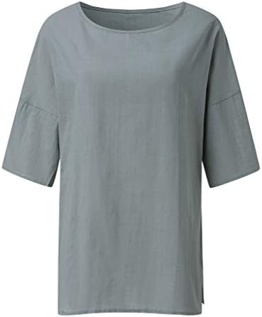 Camisas para mulheres tampos de tidades casuais mangas cortadas túnicas redondas linho de algodão