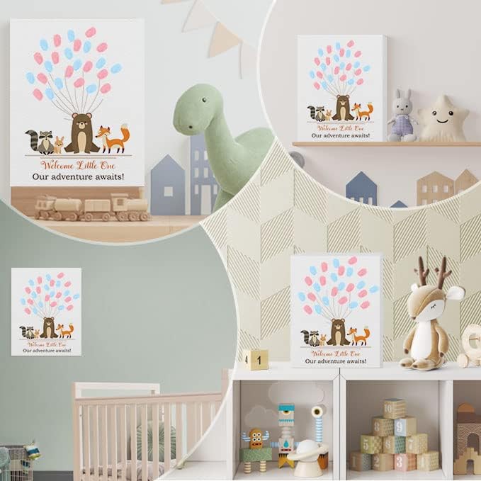 Azbuk Gênero Revelar árvore de impressão digital com animais fofos, idéias especiais de festas de livro de convidados para bebê, gênero de festas de revelação, revisão de gênero, lembrança, decoração de lona para chá de bebê