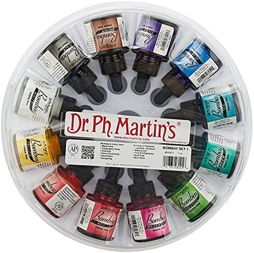 Dr. Ph. Martin's Bombay India Ink Ink Conjunto, 1,0 oz, defina 1 cores, 1 conjunto de 12 garrafas