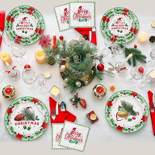 As placas de Natal descartáveis ​​servem 24, placas descartáveis ​​para a festa, os suprimentos de festa de Natal incluem pratos de papel e guardanapos, xícaras, toalha de mesa de Natal de plástico…