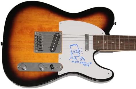 Matt Groening assinou autógrafo em tamanho grande guitarra de telecaster com arte original Bart Simpson Sketch
