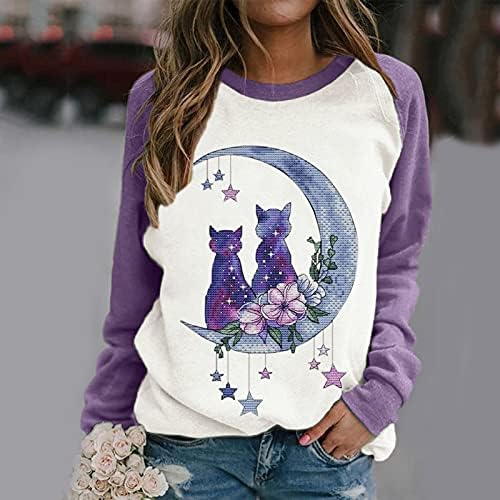 Camisetas para mulheres Padrão de gato floral romântico Raglan Raglan manga longa Pullover Crew Neck Fashion Fashion Casual Blouse confortável