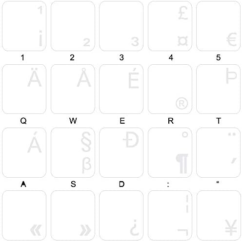 Etiquetas de teclado internacionais inglesas dos EUA com letras brancas sobre fundo transparente