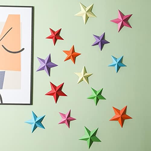 Tenshun 28pcs colorido 3d papel estrela decoração de parede de parede de papel arco -íris recortes de estrela