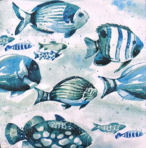 40-CT 13 X13 Náutico de papel com tema de 3 camadas com tema da vida | Tons de peixes tropicais aqua nadando no oceano | Nudários decoupage | Verão oceano náutico da vida marinha de almoço de almoço guardanapos descartáveis