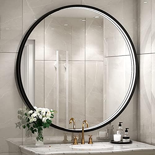 FTOTI 32 polegadas LED Black Frame Redond Mirror, espelho redondo do banheiro com espelho de vaidade iluminada leve e montada na parede, interruptor de toque anti-fog e diminuição, IP54,90+ CRI à prova d'água