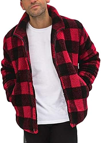 Jaquetas de lã xzhdd para homens, outono de zíper de inverno colarinho de colarinho xadrez xerpa