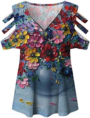 Blusa do outono de verão Mulheres fora do ombro Manga curta 2023 Roupas Vneck algodão zíper de blusa camiseta