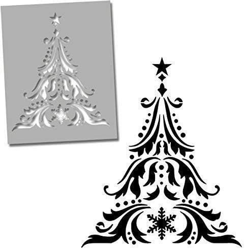 Damasco de estêncil da árvore de Natal | Estêncil de artesanato de arte - Decoração e pintura DIY Tool - reutilizável - paredes de tinta, tecido, móveis