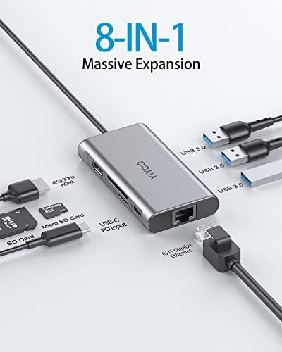 Adaptador Ethernet do Hub USB C, Yiyoo 8 em 1 Hub tipo C Tipo C com porta Ethernet, 4K USB C para HDMI, 3 USB