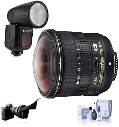 Nikon 8-15mm f/3.5-4.5e Edif Af-S Fisheye Nikkor Lens-Pacote com flashpoint zoom li-on x r2 ttl na câmera redonda speedlight, lente flexível, kit de limpeza