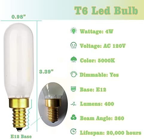 Flmamt LED Bulbo T6 40W Equivalente, diminua 4W 400lm E12 Lâmpada Edison vintage, lâmpada de filamento de LED gelada de 5000k 5000k, lâmpada de filamento de LED fosco para luz do teto, lâmpada de mesa, pacote de 5