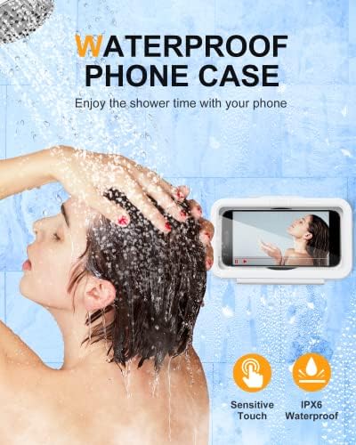 Humixx Treno de telefone do chuveiro à prova d'água HUMIXX [rotação de 360 ​​°] [Tela de toque HD] Caixa de telefone do chuveiro, capa universal de suporte de telefone para o banheiro para iPhone 14 13 Pro Max Samsung Google até 8,0 branco