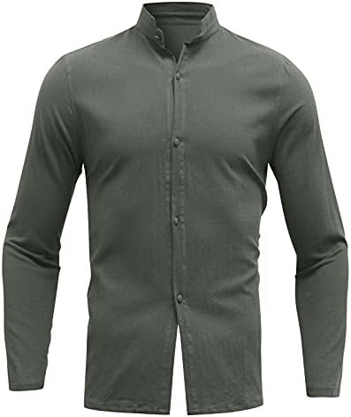 Camisas de linho de algodão ubst para masculino, manga comprida para baixo suporte de colarinho de colarinho Tops Men's Fall Solid Casual Shirt