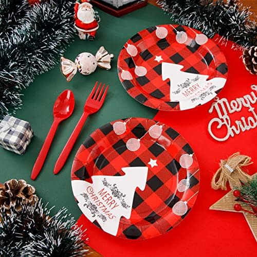 Placas de papel de Natal vermelhas de 125pcs Red Placas- Placas de festa de Natal com árvore de Natal e design de sinos de Natal, inclua 25 pratos de papel, 25 pratos de sobremesa de papel, 75 talheres de plástico vermelho