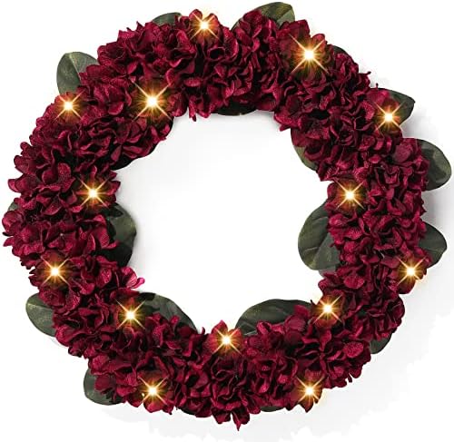 Christing Wreath, 24 '' Grande corajas de hortênsia, grinalda luxuosa feita à mão com 30 luzes LEDs operadas com bateria, adequada para casa em casa, em casa, decoração de parede de parede de parede de parede de inverno externo de inverno