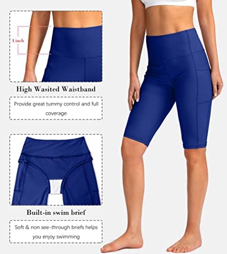 Shorts de natação de cintura alta feminina da Santiny com bolsos upf50+ shorts de natação de