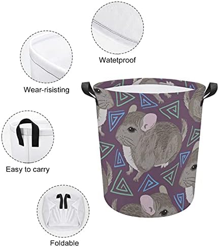 Bolsa de lavanderia de chinchila com alças redondo cesto de armazenamento à prova d'água dobrável 16,5 x 17,3 polegadas