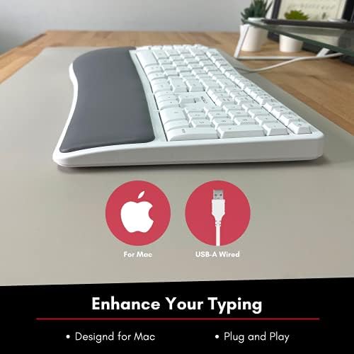 Macally Ergonomic Mac Wired Keyboard com descanso de pulso - teclado ergonômico natural e confortável mac, teclado compatível com o teclado numérico - teclado split de ergo para Mac MacBook Pro/Air iMac