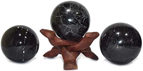 CEALINGS4U Esfera Black Turmaline Tamanho 2-2,5 polegadas e uma esfera de bola de cristal natural de baile de madeira Vastu Reiki Chakra Healing