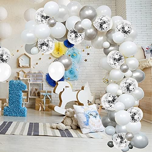 Kit de arco de guirlanda de balão branco e prata, 100 PCs 18/12/5 polegadas Balões de látex brancos