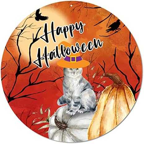 Placa redonda de lata de metal placa halloween abóboras gatos corvos halloween wreath sigl metal impressão de arte engraçada signo de quarto para cafe pátio parede pendurada decoração de halloween 9 polegadas