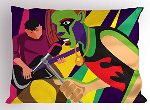 Ambesonne Rock and Roll Pillow Sham, amantes de música pesada gótica em um estilo criativo e colorido, almofada impressa em tamanho padrão decorativo, 26 x 20, roxo escuro e multicolor