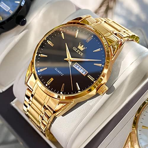 OLEVS Mens Gold Watches Watch Destrafless Aço inoxidável Relógio leve com Data Classic Luxury Dress Watch For Men Gold Branch Blue Green Dial