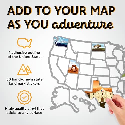 RV State Sticker Travel Map of the United States, Acessórios para campista de trailers de viagem, decalques de mapa de RV 21x14.5 para parede da porta da janela, 50 adesivos de pára -choques estaduais com ilustrações cênicas