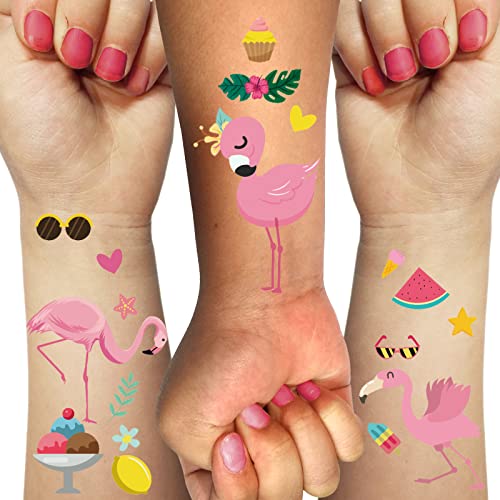 Flamingos Tatuagens temporárias adesivos para crianças 250 peças Pink Love Scere Cream deixa Summer Summer Cool Misture Tattoos Makeup Party Supplies for Children Girls Mulheres