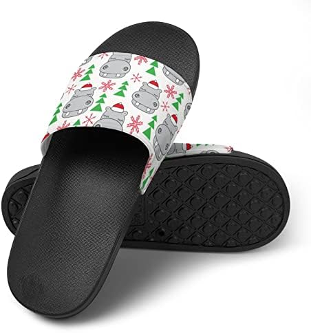 Hipopótamos de Natal com sandálias de chapéus de Santa House não deslizam chinelos de dedos do pé para massagem Banho de spa de chuveiro