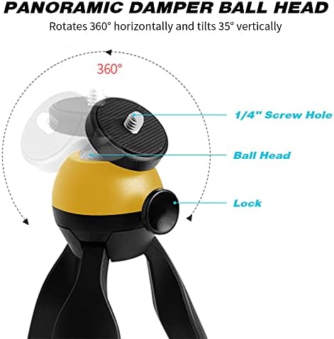 Mini telefone e câmera e suporte de tripé da webcam, tiro panorâmico de cabeça de 360 ​​°, altura de trabalho 5,7 polegadas, com grampo de telefone e adaptador GoPro, leve 0,3 lb e portátil, amarelo