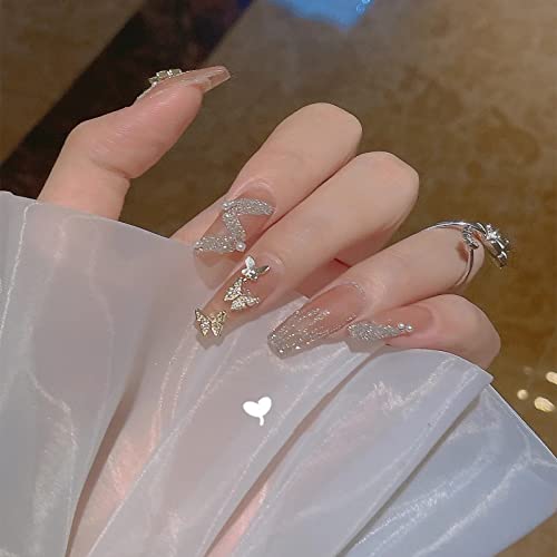 24pcs Pressione as unhas - Francês Pink Ballerina Flash Flash Butterfly Pearl Long Glossy Coffin