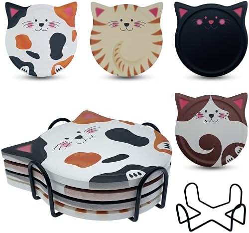 Coasters de gatos para bebidas absorventes com o conjunto de suporte de 4, copos de xícara de cerâmica de gatinhos