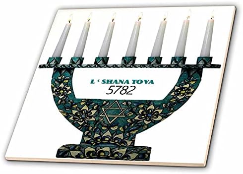 Imagem 3drose de Aqua e Gold Menorah Say L Shana Tova com o ano hebraico - azulejos