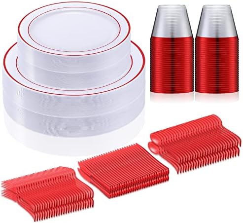 Zubebe 300 PCs 50 Conjunto de Dininandimentos de convidados 50 Placas de jantar de plástico com aro 10,25