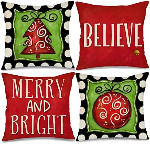 Capas de travesseiros de Natal de GEEORY 18x18 Conjunto de 4 para decorações de Natal Merry and Bright Believe Christmas Tree Pillows Christmas Holiday Pillows Christmas Farmhouse Decor para sofá